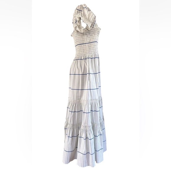 Tory Burch Striped Smocked-Bodice Ivory/Duchess Blue Midi Dress Size XL - Picture 2 of 7